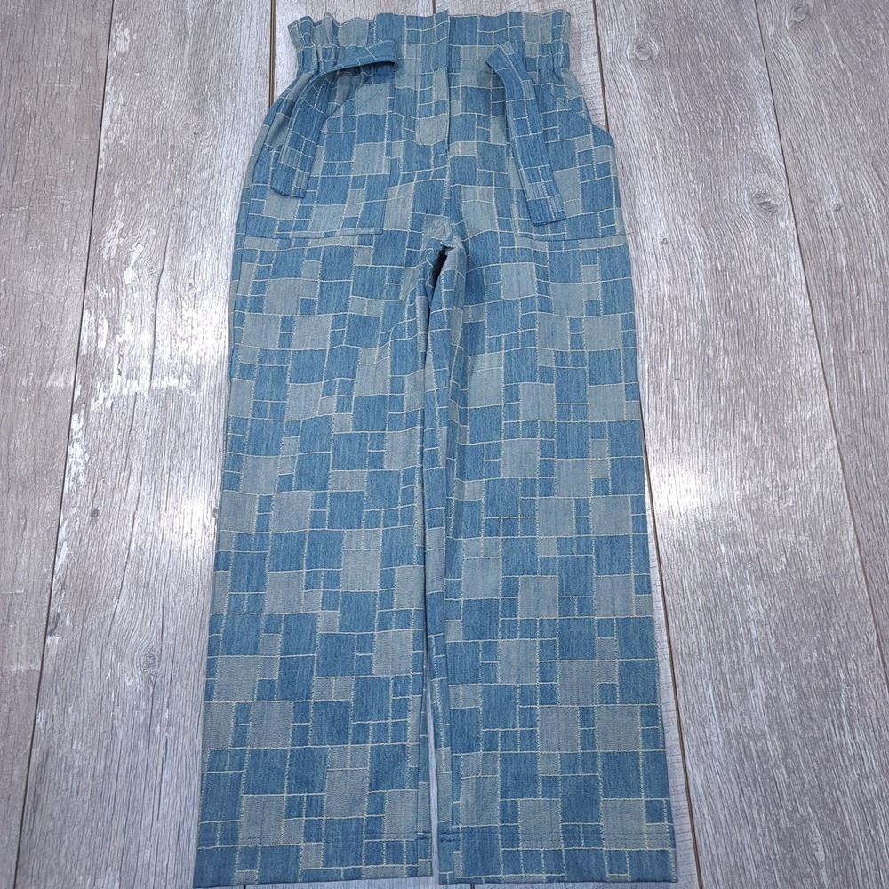 Sezane Trousers Women Size 4 Blue Geometric Jacquard Paperbag Waist Wide Leg